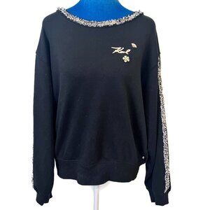 Karl Lagerfeld Paris Black Sweatshirt Top w/ Boucle Trim Gold Pearl Accents M